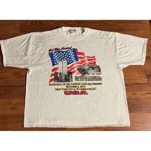 Vintage Jerzees 9/11 Memorial T-Shirt XL White God Bless America Twin Towers USA
